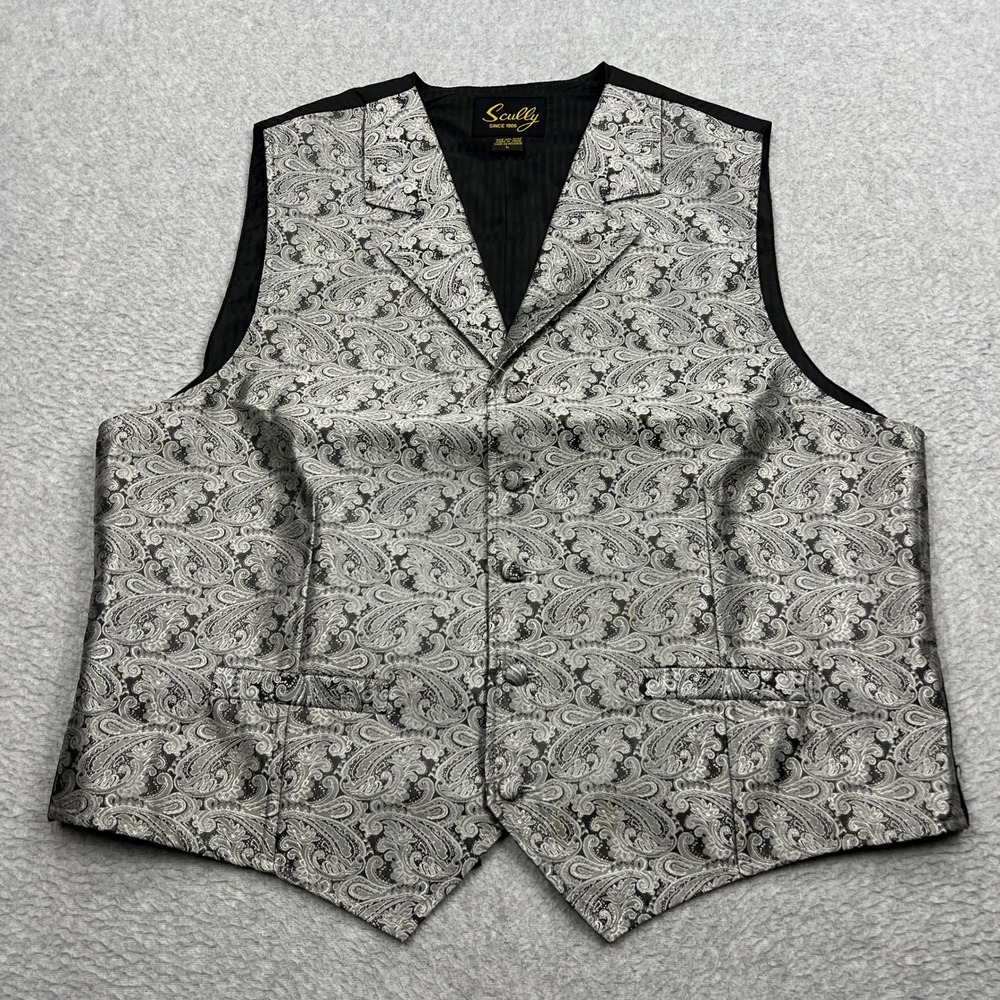 Scully Western Vest Men Large Silver Paisley Notched Lapel Rangewear Cinch Back